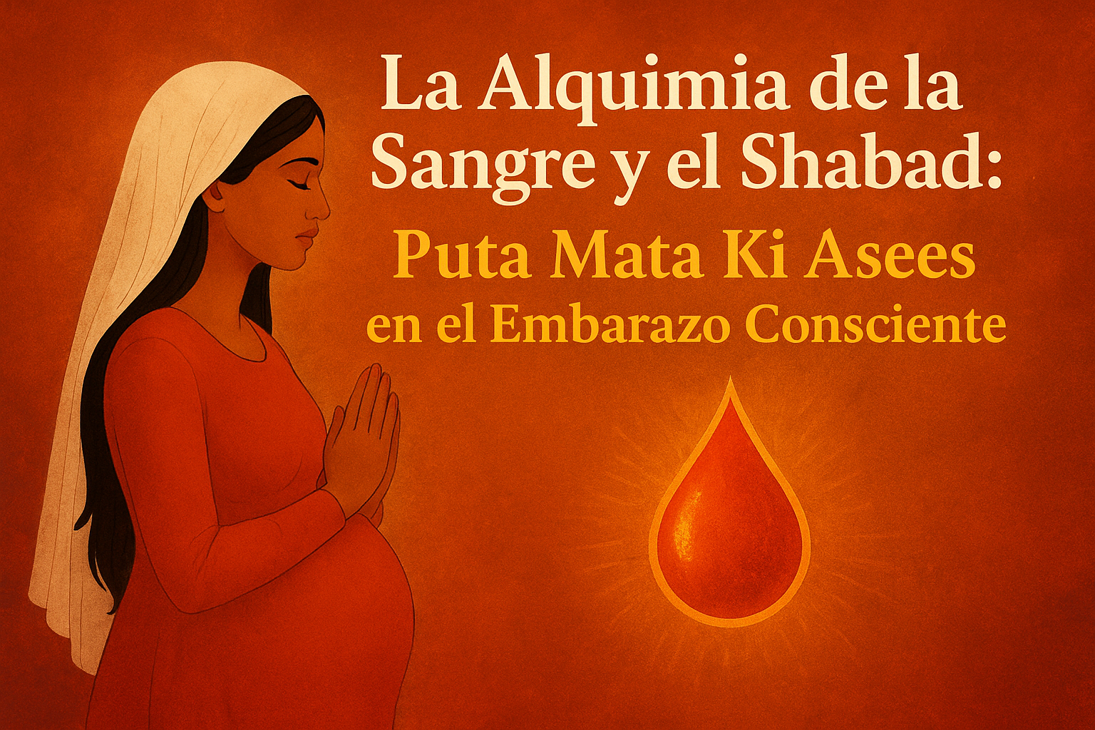 Mujer embarazada en meditación con gota dorada representando la sangre